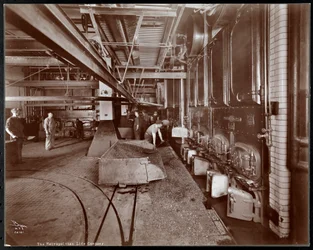 Män skyfflar in kol i ugnarnapannor vid Metropolitan Life Insurance Co. på 23rd Street och Madison Avenue, New York, 1907 (silvergelatintryck)